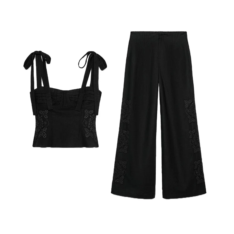 Conjunto de duas peças de top e calça com cintura alta, pregas, laço borboleta e bordado em mistura de linho, moda verão femi...