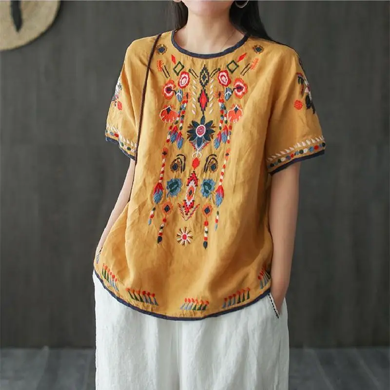 Women\'s Clothing Vintage Folk Fashion Embroidery Pullovers Commute Loose Spliced All-match O-Neck Summer Short Sleeve T-shirt