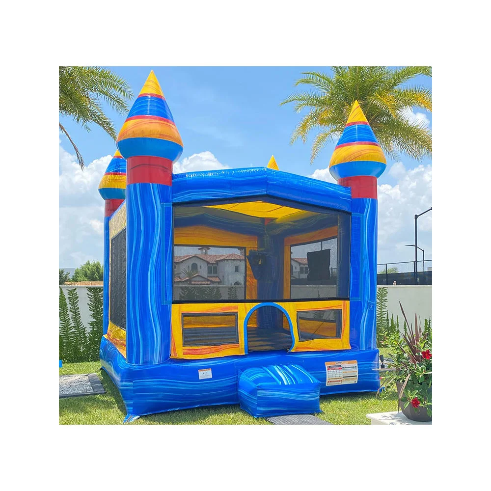 

Kids Inflatable Bounce House with Slide and Pool Blue Castle Design Outdoor Party Use Safe Mesh Window Durable PVC Material