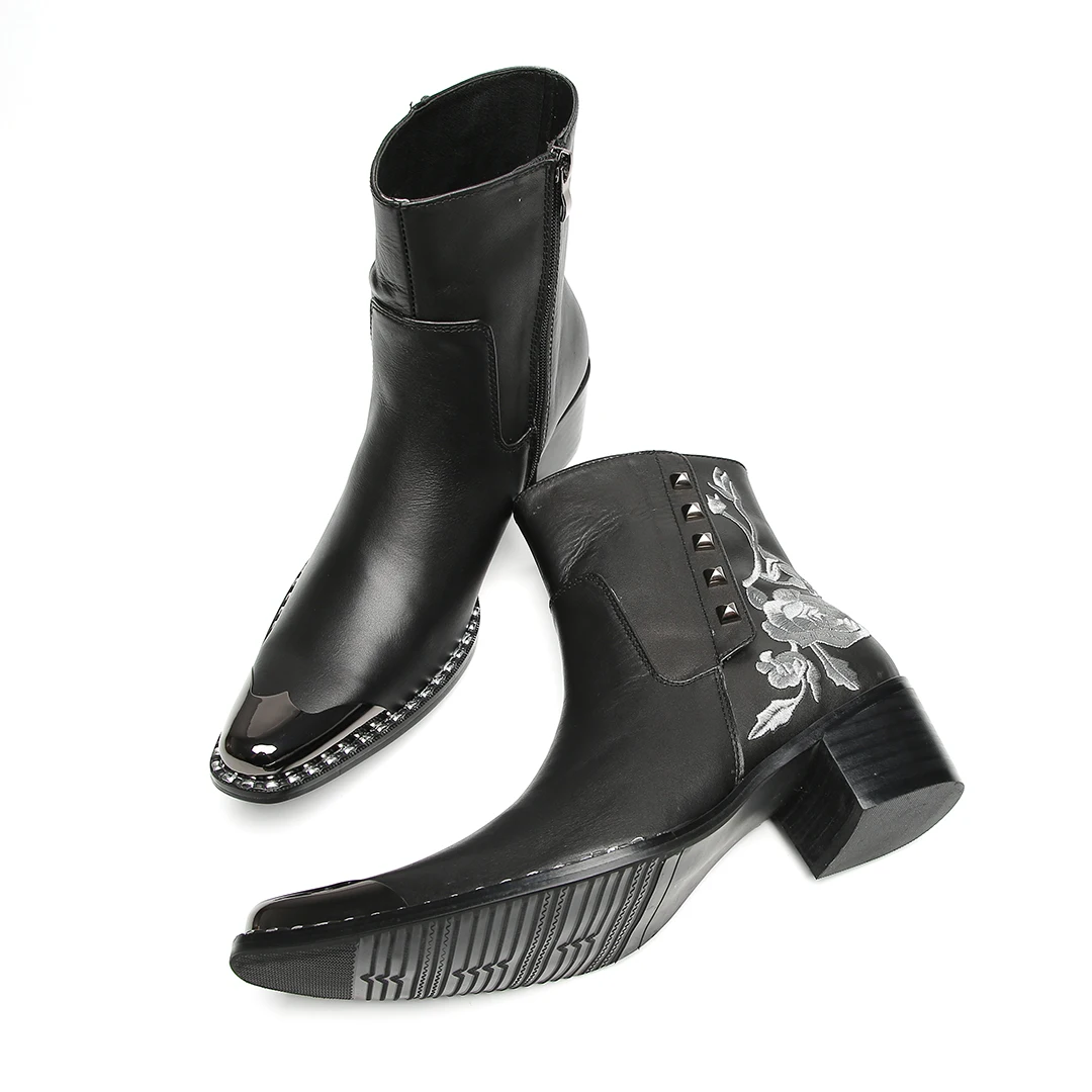 Herbst-Winter-Neue rote bestickte Stiefeletten für Herren, coole Metallkappe mit Nieten, Retro-Muster, seitlicher Reißverschluss, klobiger Absatz, modisch – Detail 13