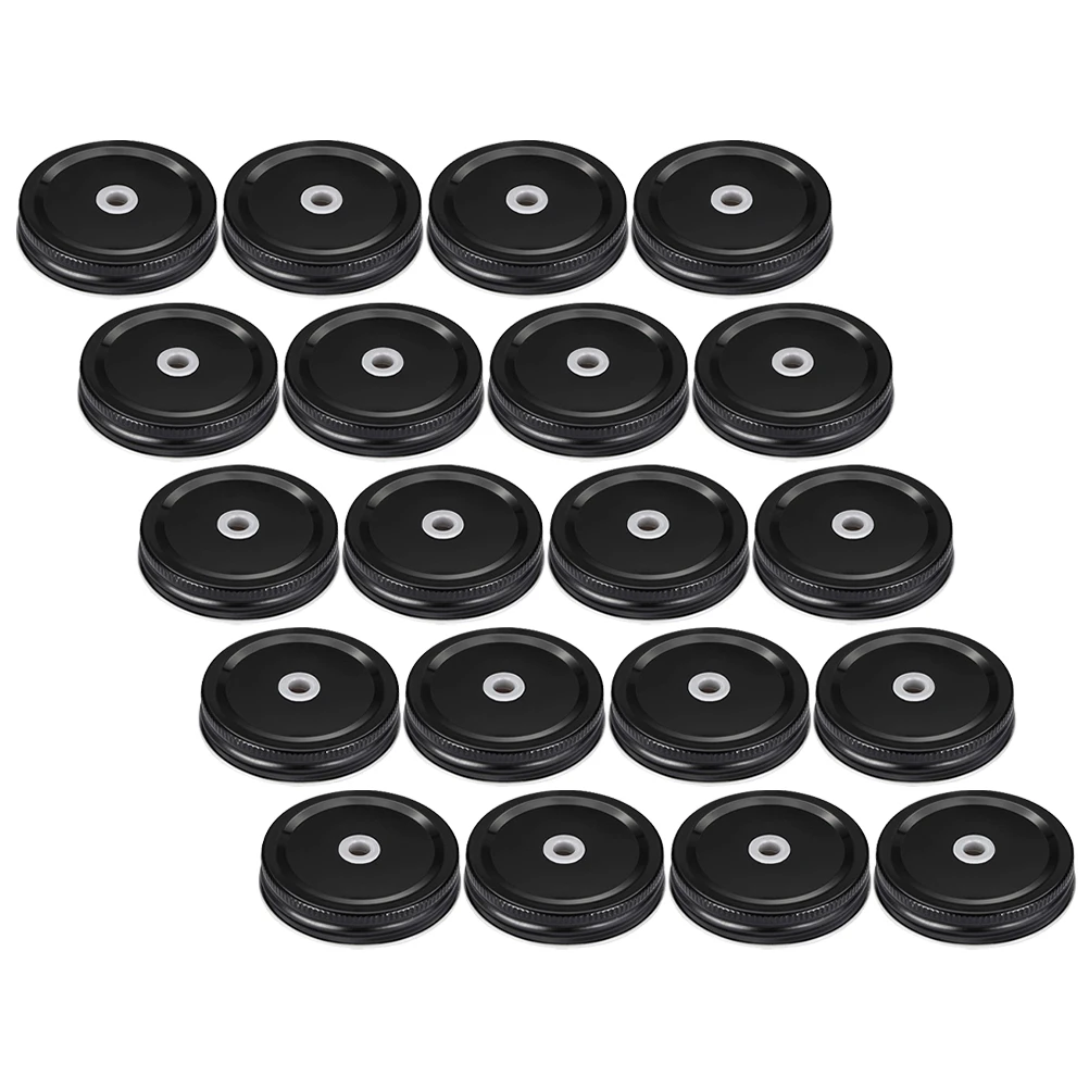 

20 pcs Jar Lids Black 70mm Regular Mouth Tinplate Sealing Caps Reusable Leak Proof Straw Hole Metal Can lids