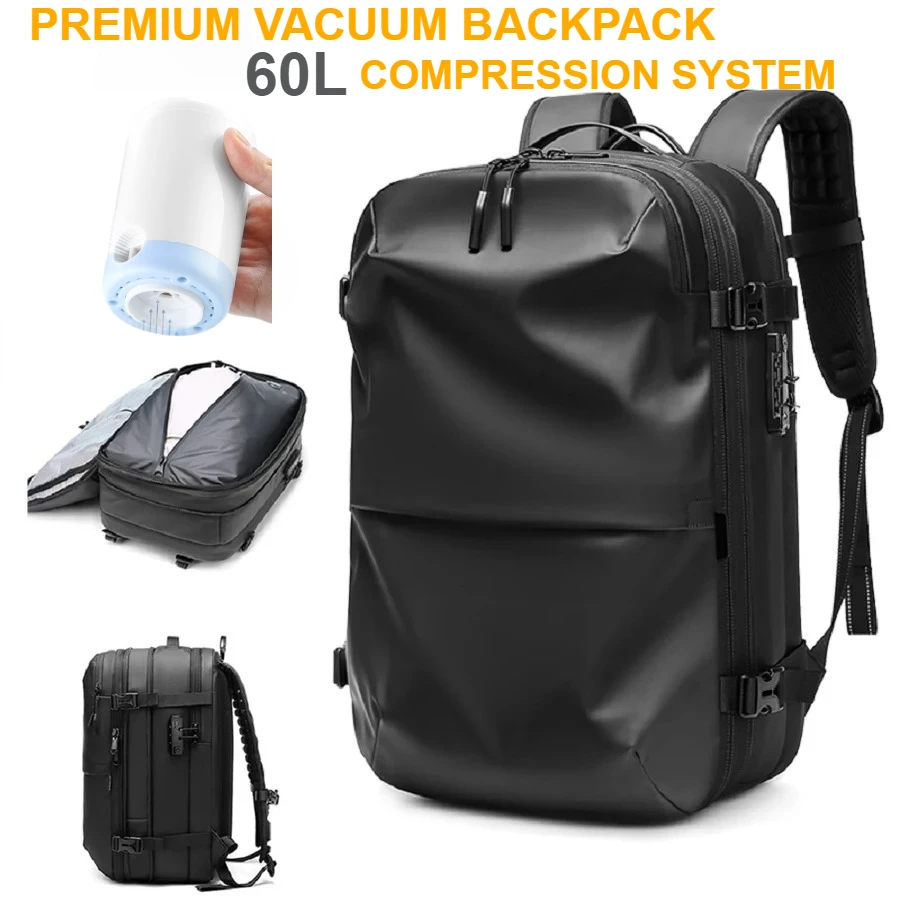 

60L Vacuum Compression Travel Backpack for Men - 17 Inch Laptop Bag with Large Expandable Capacity, Business & Hiking Backpack