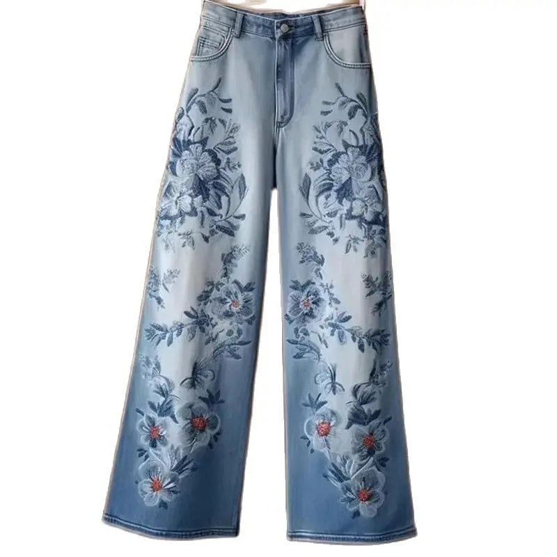 High-End Embroidered Wide-Leg Jeans Women's Spring And Autumn Ladies' Trousers New 2024 Straight Pants Denim