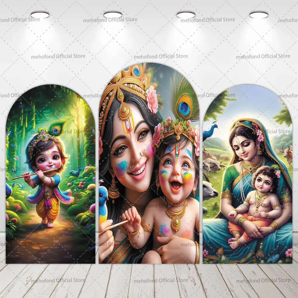 Mehofond personalizado 2 lados índia yashoda e krishna crianças festa de aniversário capa de chá de panela chiara arco fundo decoração pano de fundo