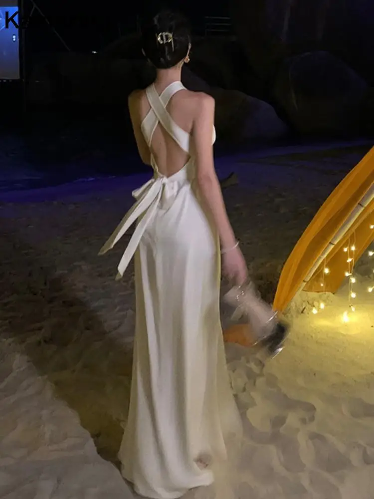 Elegant Sexy Backless Solid Long Dresses EveningBirthday Party Halter Designer White Dress Summer Women Fashion Wedding Vestidos