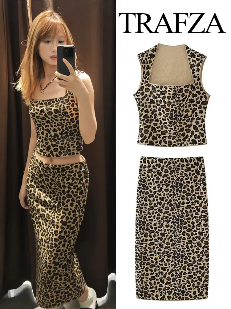 

TRAFZA Women 2 Piece Set Chic Leopard Print Sexy Sleeveless Holiday Bustier Crop Top+Vintage High Waist Slim Midi Skirt TRAF