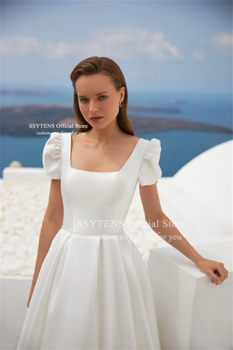SSYTENS a-ligne Satin robes De mariée col carré manches courtes bouffantes Robe De mariée robes De mariée Robe De Mairee ﻿ Personnalisé ﻿