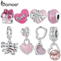 Bamoer 925 Sterling Silver Original Pink Heart Charm Gift Box Beads Bow-knot Pendant Cute For Women Wedding Party Fine Jewelry