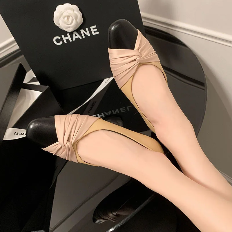 Spring new round toe color-block chunky heel lambskin flats~ shallow bow one-legged low-heeled Korean leather shoes for women