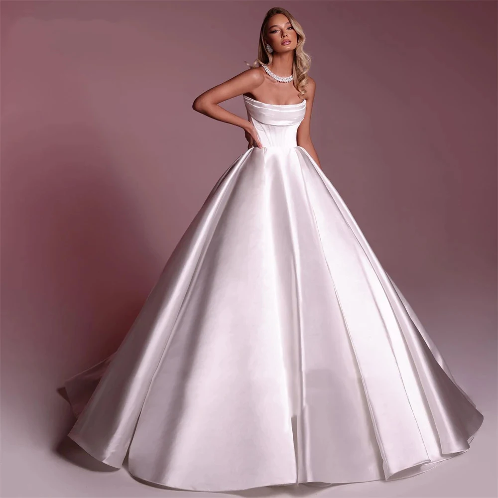 

Yipeisha Elegant and White Satin Bride Dresses High Quality Strapless Draped A-line Exquisite Floor Length Wedding Party Gowns