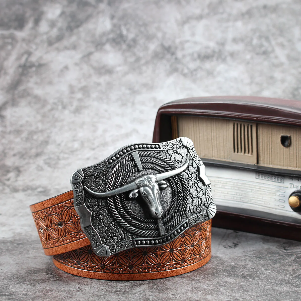 Ma Sheng Niu Tou3.7cm wide men's and women's Western bull head denim style bull scalprendy belt smooth buckle