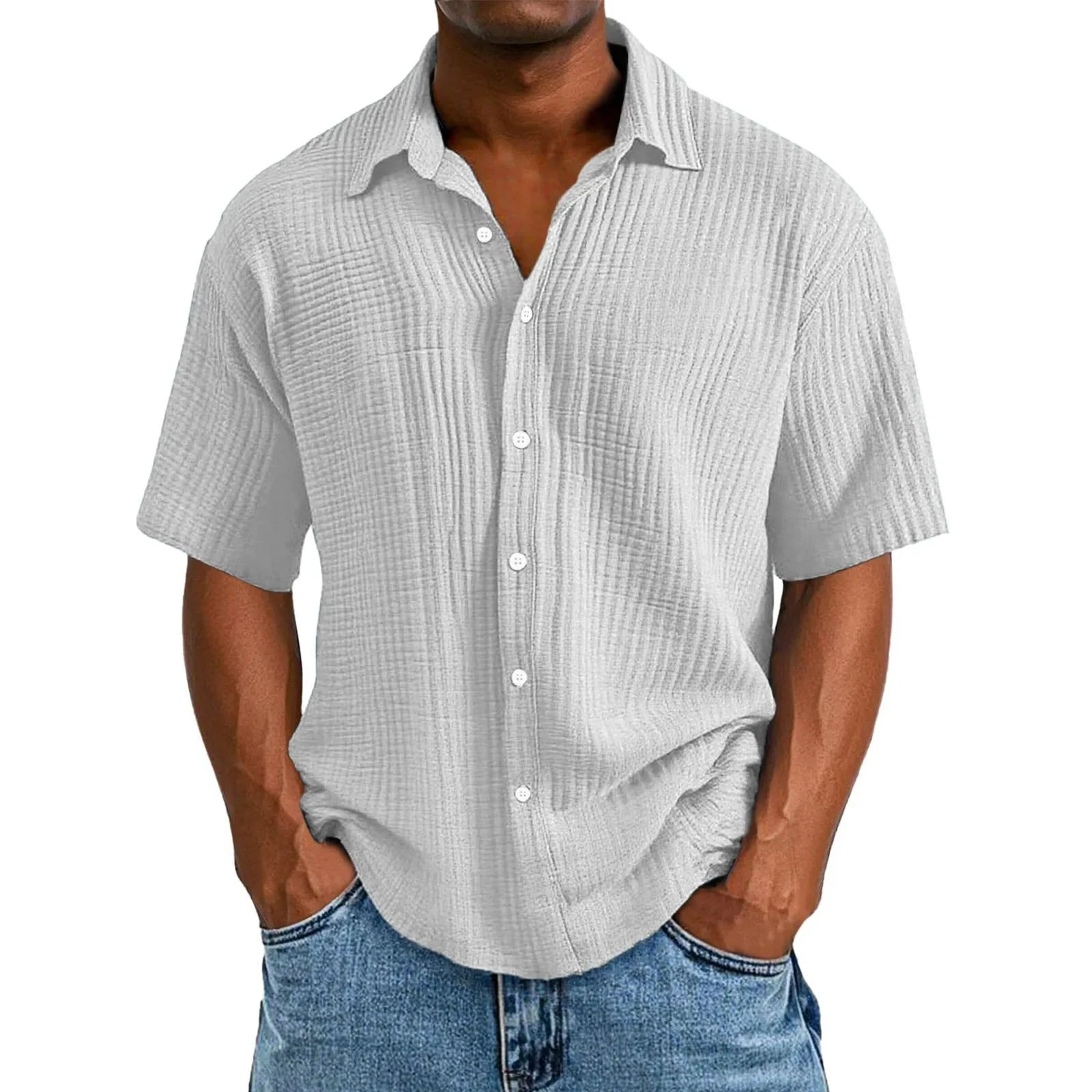 

Men's Casual Short Sleeve Shirt Pleated Fabric Independent Station Spring Summer 2025 Warm Thin Style Pure Color Polyester Fiber