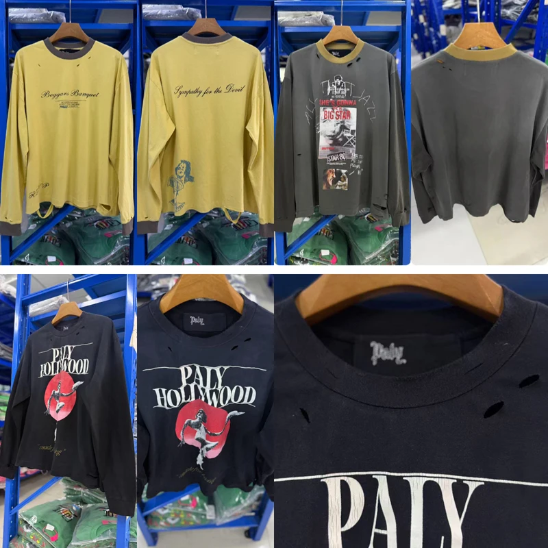 High-quality Retro Washed Black Paly Long Sleeves Tee Street Hip-hop Printed Ripped Hole Round Neck T-shirt Tops