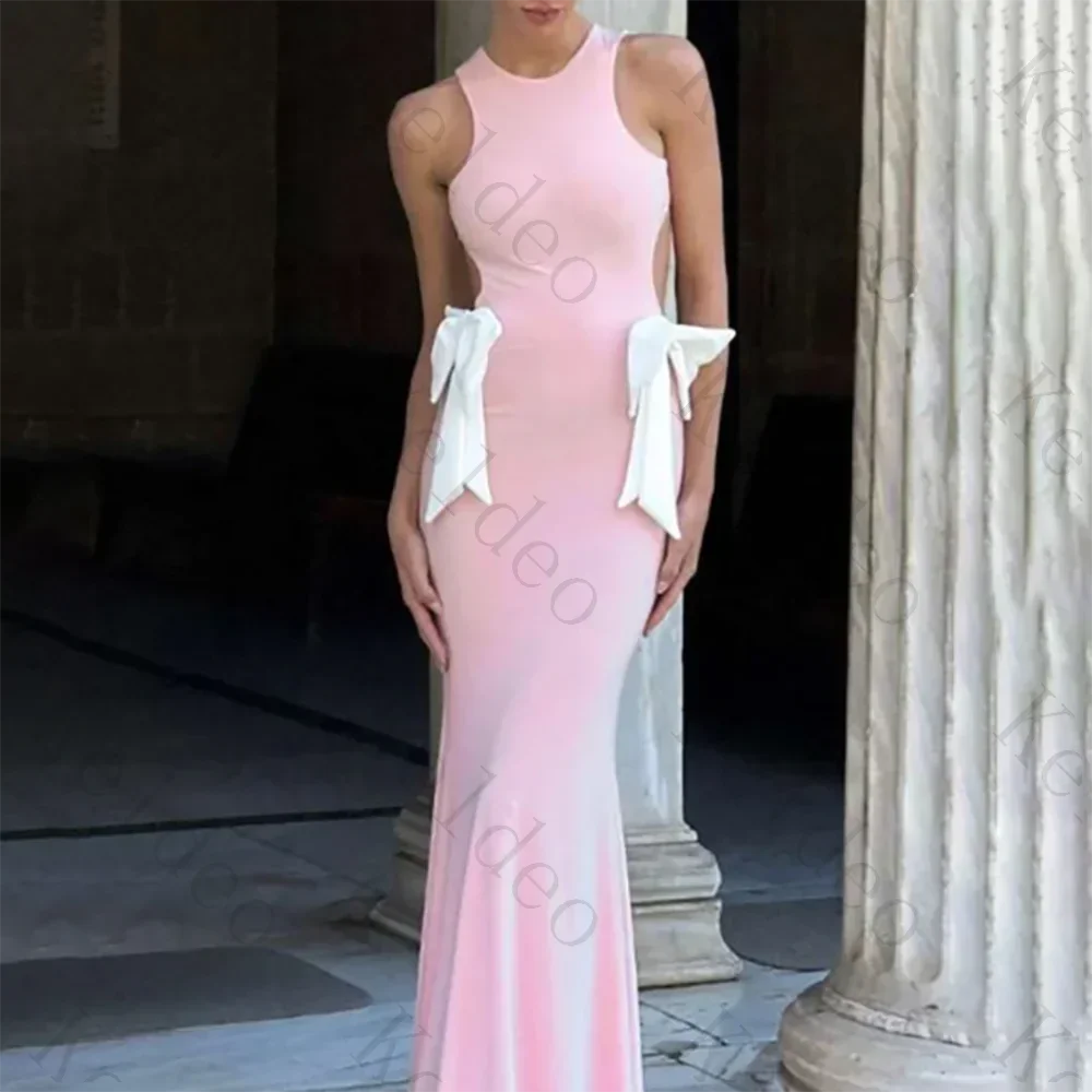 Customized Women Bodycon Mermaid Evening Dress O-Neck Backless Sleeveless Bow Detail Elegant Party Prom Gown in Custom Color
