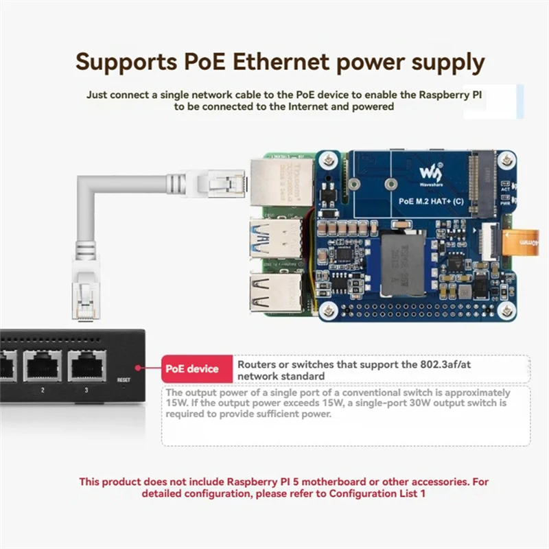 ABKI-Waveshare Poe Expansion Board For Raspberry Pi 5 Pcie To M. 2 Adapter Supports Nvme Protocol M. 2 HAT+ (C) Adapter Board