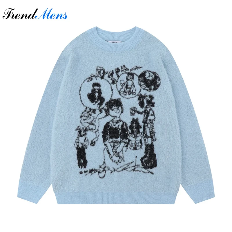

Men's Cartoon Jacquard Knitwear Fleece Warm Comfortable Casual Long Sleeved Sweater Loose Street Trend Harajuku Couple Pullover