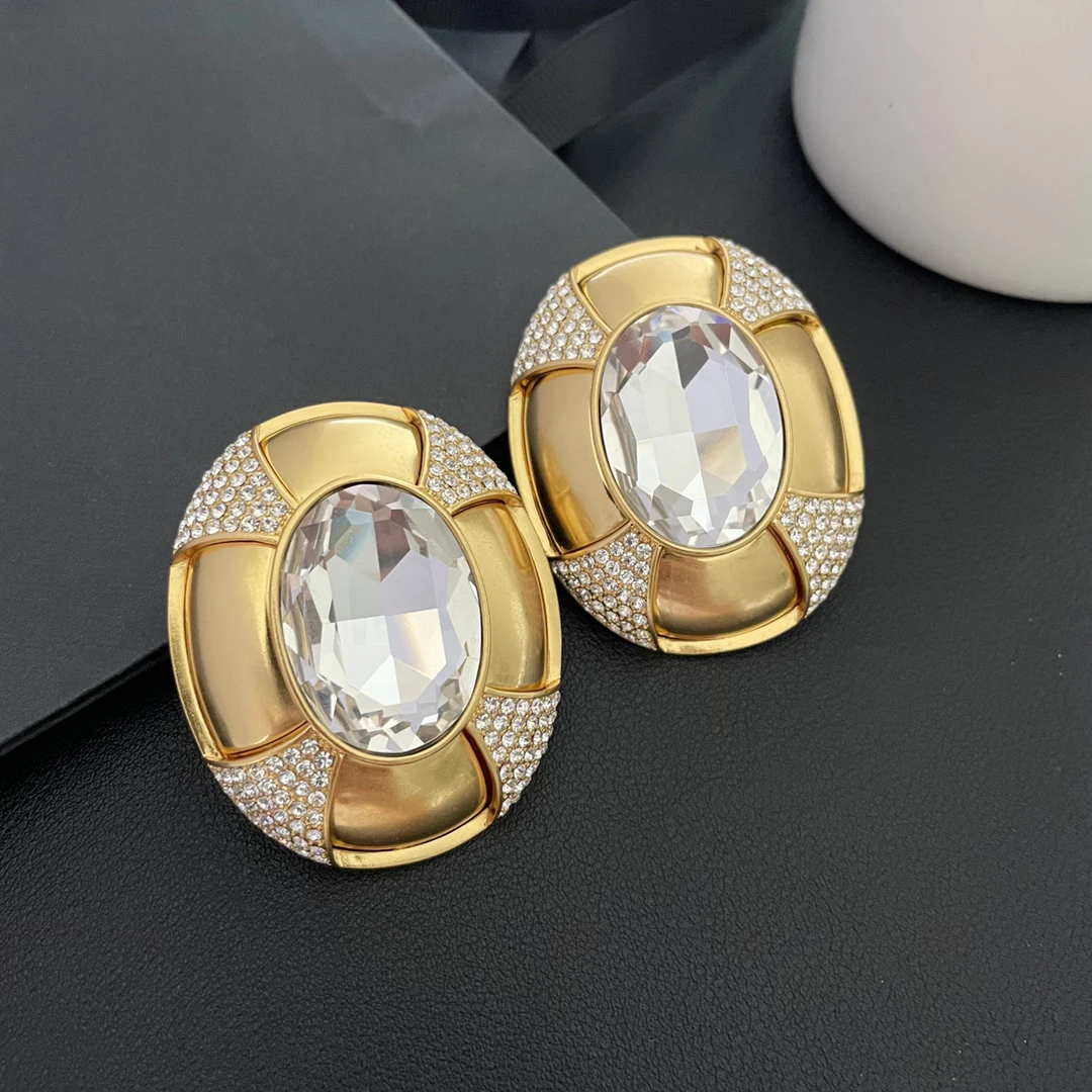 

Europe Designer Brand Exaggerated Oval Vintage Gold Crystal Large Earrings Ear clip Luxury Jewelry Party Trend