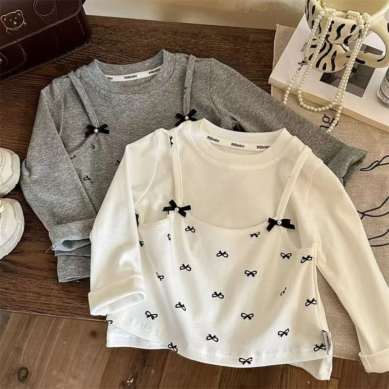 

2025 New Autumn Girls' Elegant Bow Printed Fake Two piece Cotton Long Sleeved Bottom Shirt