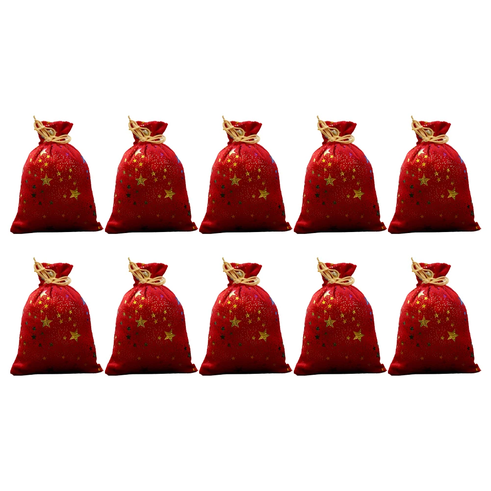 10pcs Christmas drawstring candy bags with star pattern design made from fabric for holiday celebrations and treats