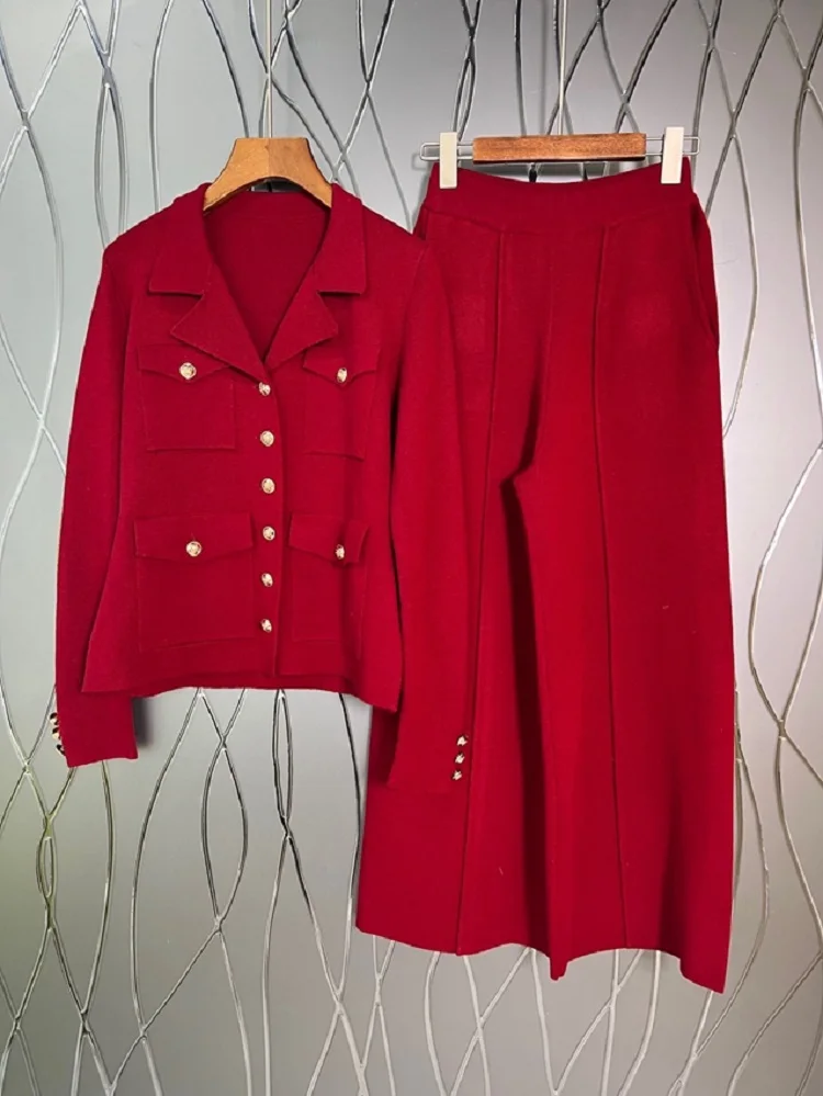 

Top Quality Sweater Sets 2022 Autumn Winter 2 Piece Pant Set Women Notched Collar Knitted Cardigan Coats+Wide Leg Wool Pant Suit