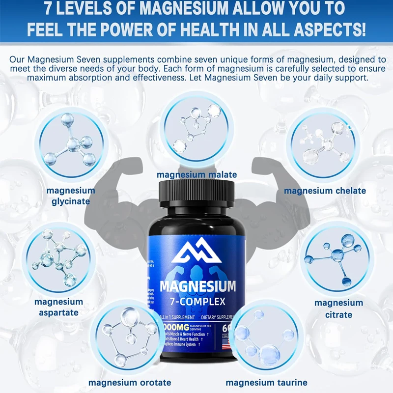 7-in-1 Magnesium Glycine, Citric Acid, Malic Acid, Chelate, Taurine, Orotate Zinc Aspartate and Vitamin D3, B6 60 capsules