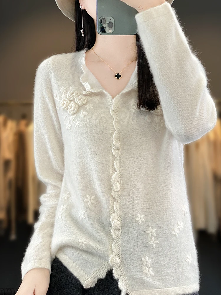 Grace Women Wool Cardigans Lace O-neck Cashmere Sweater Flowers Spring Autumn 100% Merino Wool Knitwear Odzież z długim rękawem Top