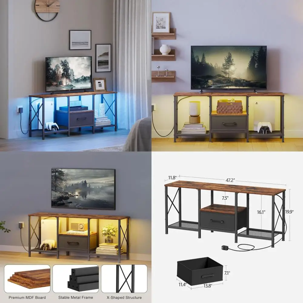 

Rustic Brown Fabric Drawer TV Stand for 50-55 Inch TVs, Open Shelf Entertainment Center for Living and Bedroom Use