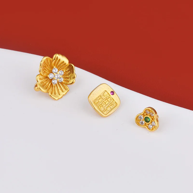 S925 pure silver ancient-style gold-plated cherry blossoms, Five-way God of Wealth, three-leaf flower green zircon, woven rope