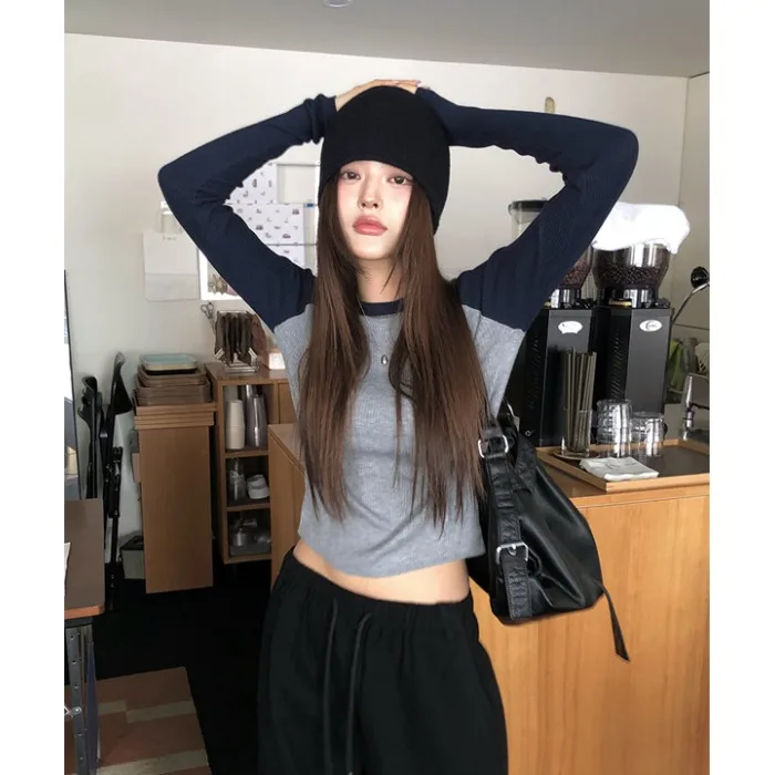 

Chic Spring New Sexy round Neck Color Block Shoulder Insert Long Sleeve Knitted Top Thin Women's Fashion Korean Style Sweater