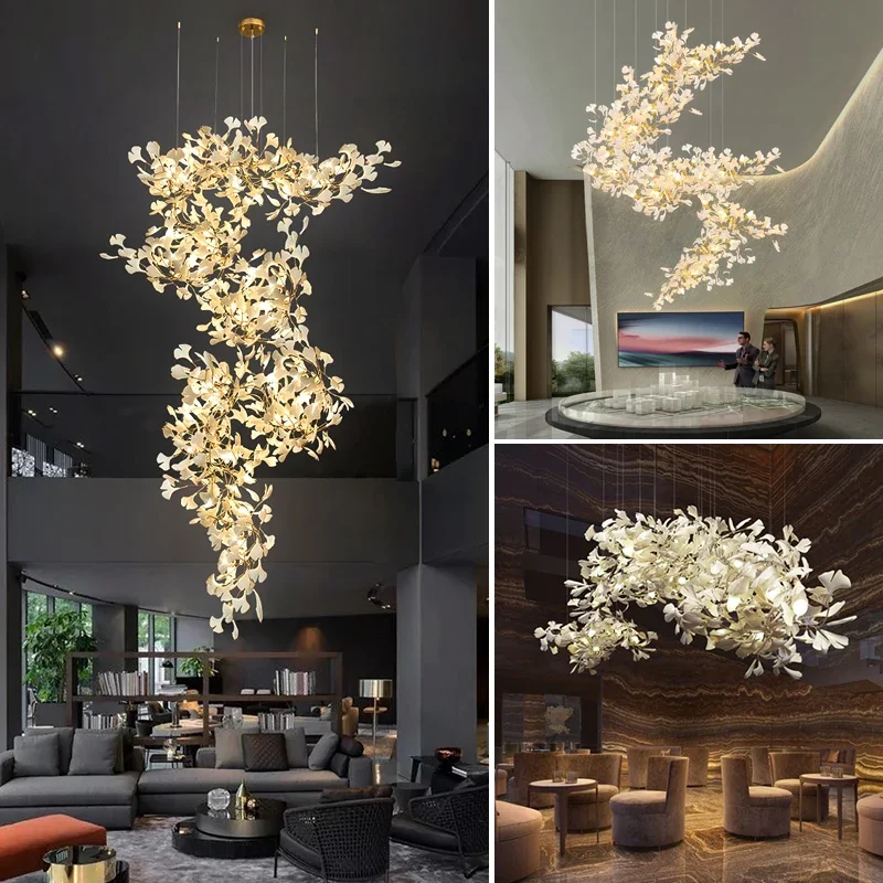 Nordic Ginkgo Branch Leaves Chandelier For Staircase Living Room Hotel Lobby Modern Luxury Crystal Branch Chandeliers