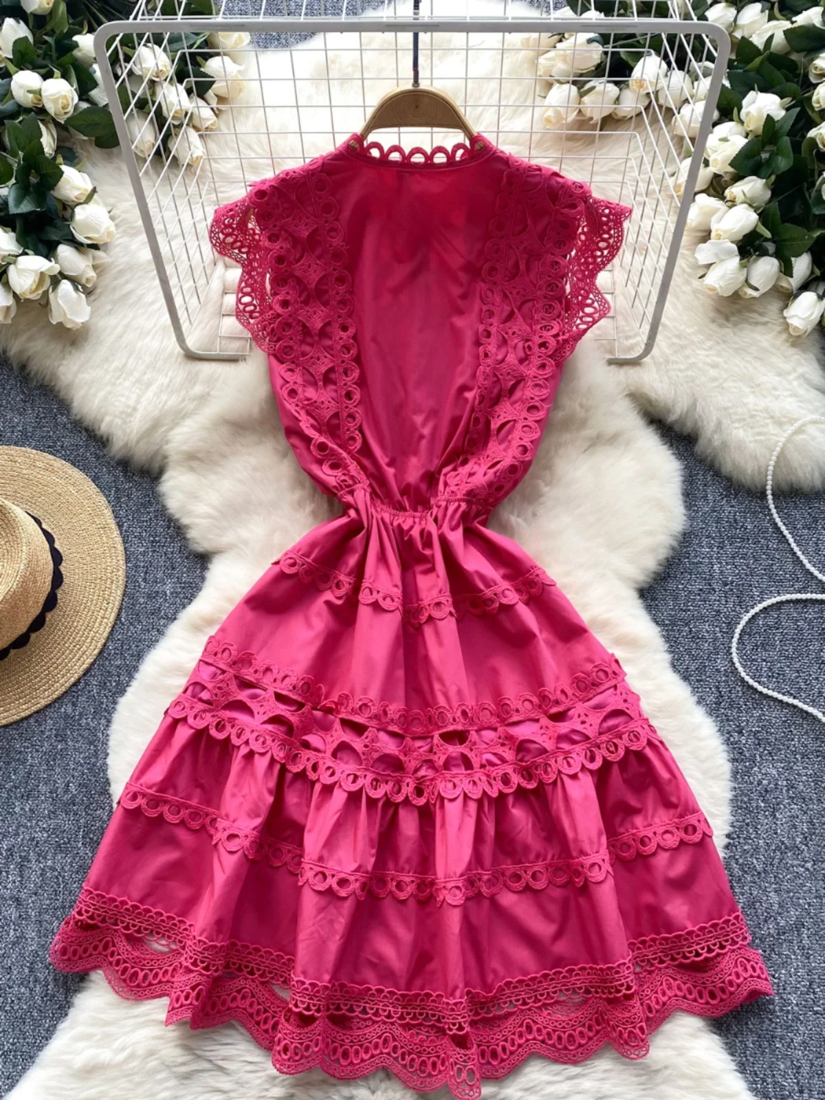 Women Vintage Midi Dress Summer Sleeveless Slim A-line Elgant Evening Party Dresses Ladies Hollow Out Solid A-line Robe Vestidos