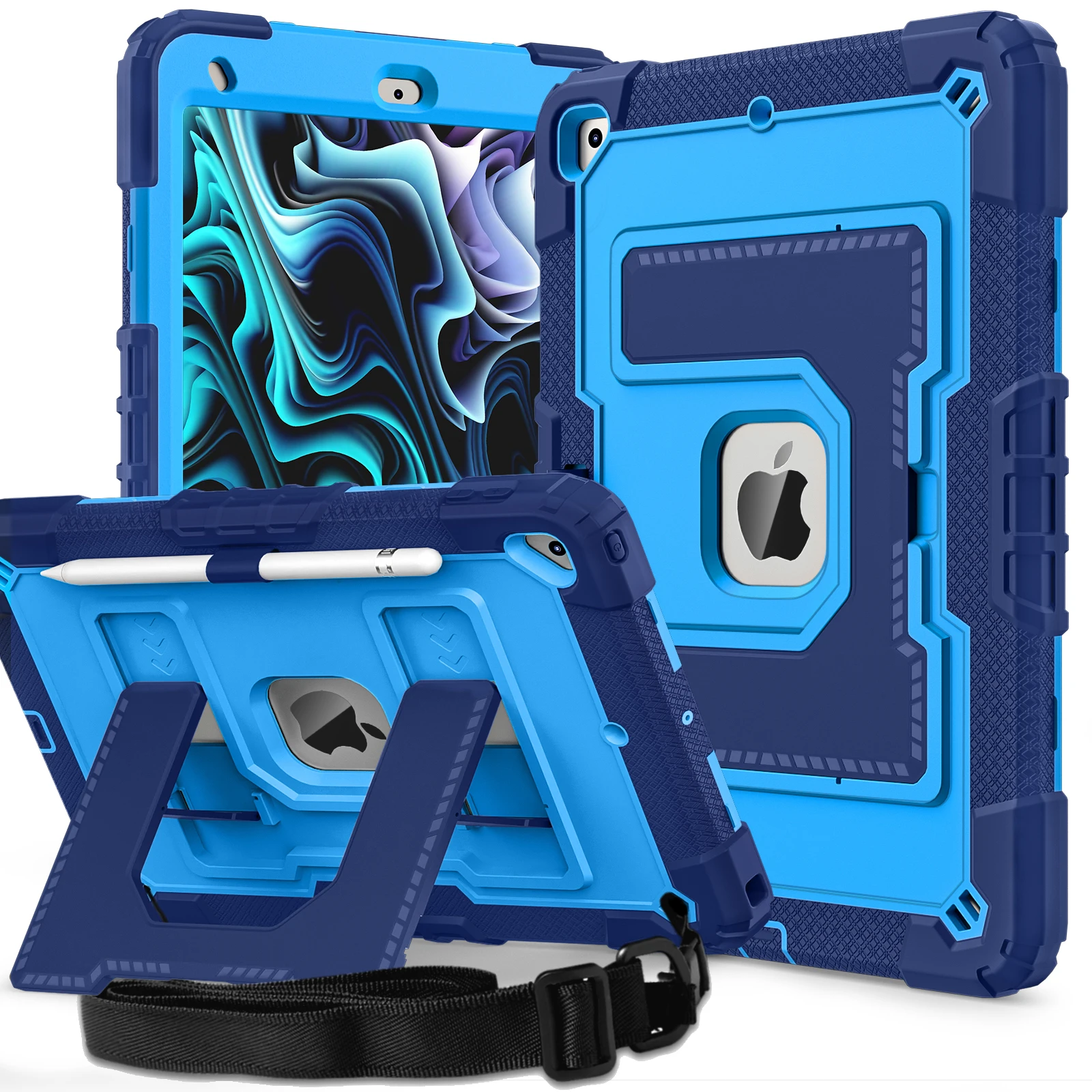 حافظة متينة شديدة التحمل لجهاز iPad 7th 8th 9th Gen 10.2 "عرض حافظة متينة مقاومة للصدمات مع حامل قلم بحزام كروس