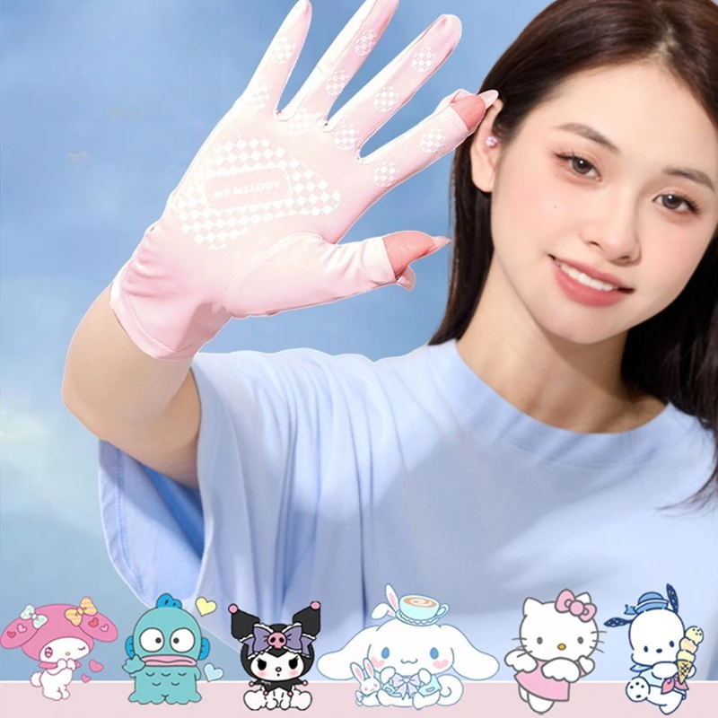 Miniso 日焼け止め、大人用手袋、指露出、タッチスクリーン、アイスシルク、通気性、夏 サンリオは自転車に乗る