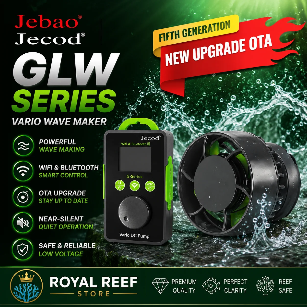Bomba de circulação submersível silenciosa com Wi-Fi Jebao Jecod GLW 5ª Geração OTA, gerador de ondas de frequência variável para recifes de água salgada e água doce.