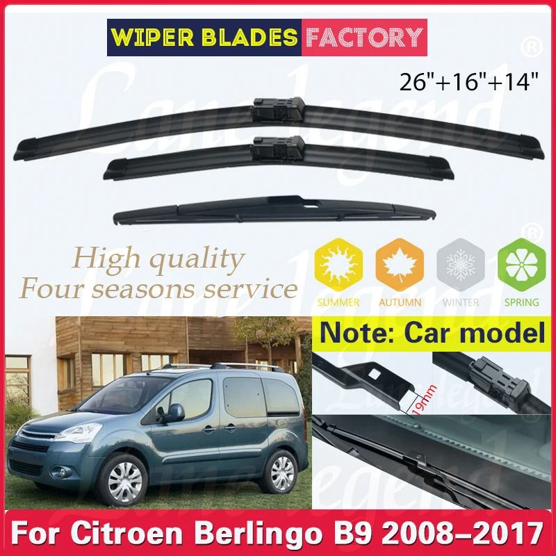 

For Citroen Berlingo B9 2008-2017 26"+16"+14" Front Rear Wiper Blades Windshield Windscreen Window Cutter Accessories 2015 2016