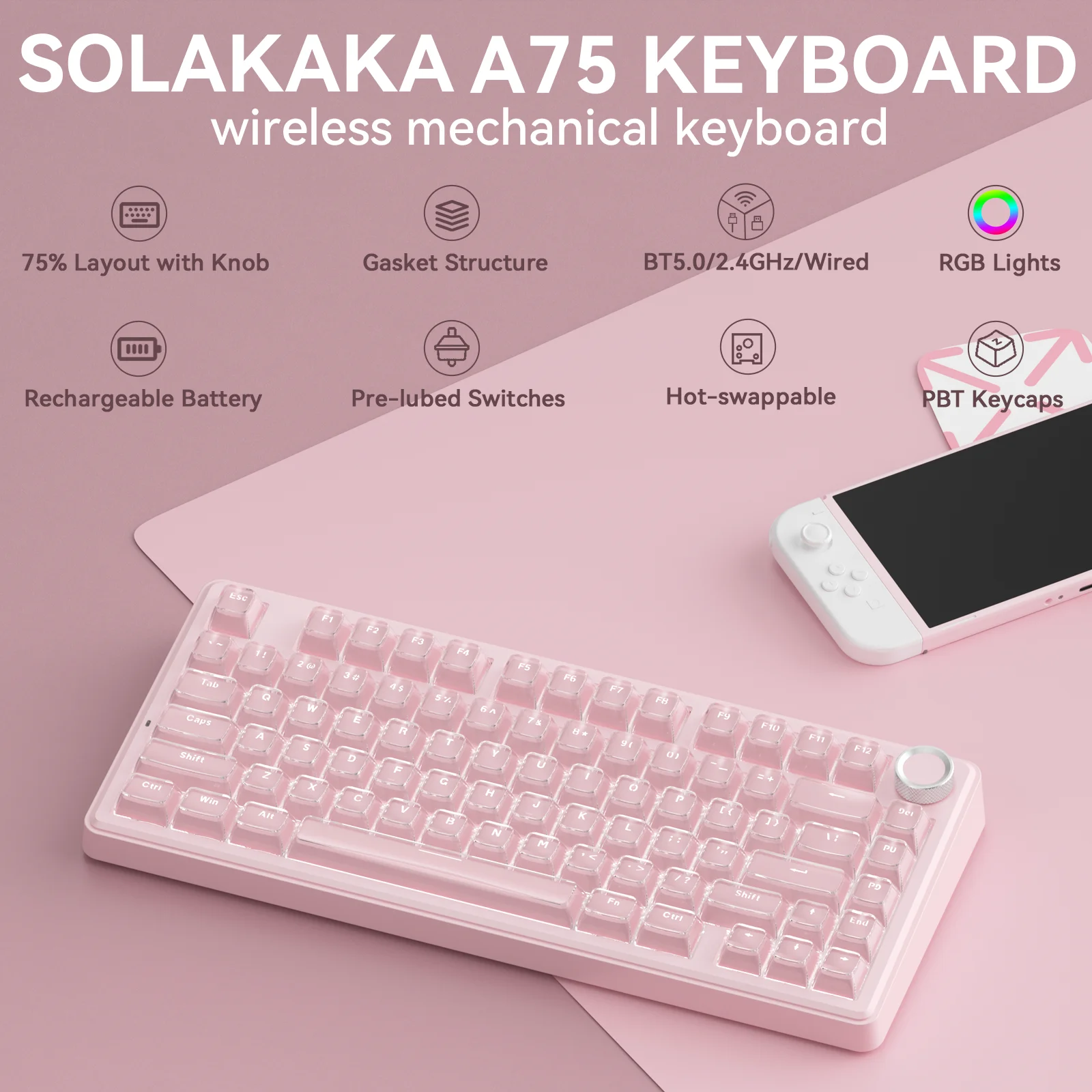 SOLAKAKA A75 키보드 가스켓 키보드 75% 컴팩트 레이아웃 트라이 모드 연결 3/5핀 핫스왑 가능 기계식 게이밍 키보드