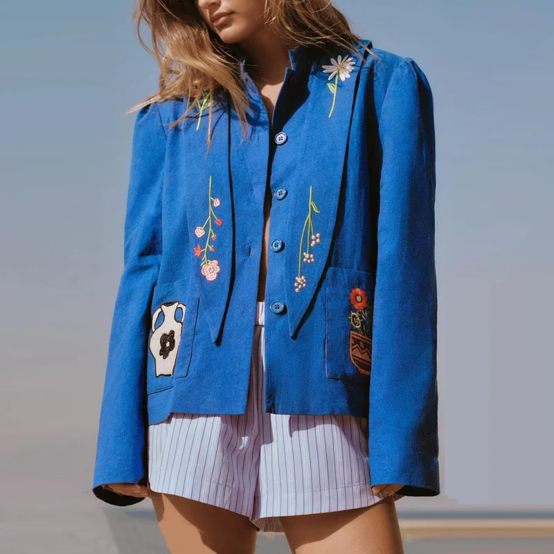 

Fashion Blue Printed Short Jacket Women Casual Long Sleeve Single Breasted Slim Fit Coat 2025 Autumn Lady Office Commute Outwear