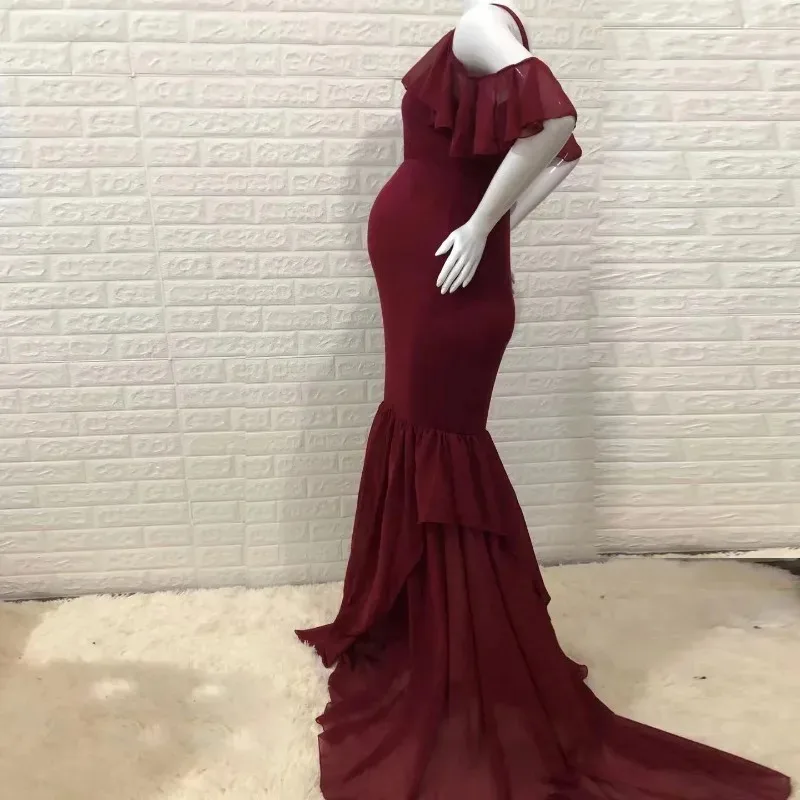 

Vetement Femme Women Pregnants Maternity Dress Photography Props Ruffles Off Shoulder Maternity Solid Dress For Photo Shoot