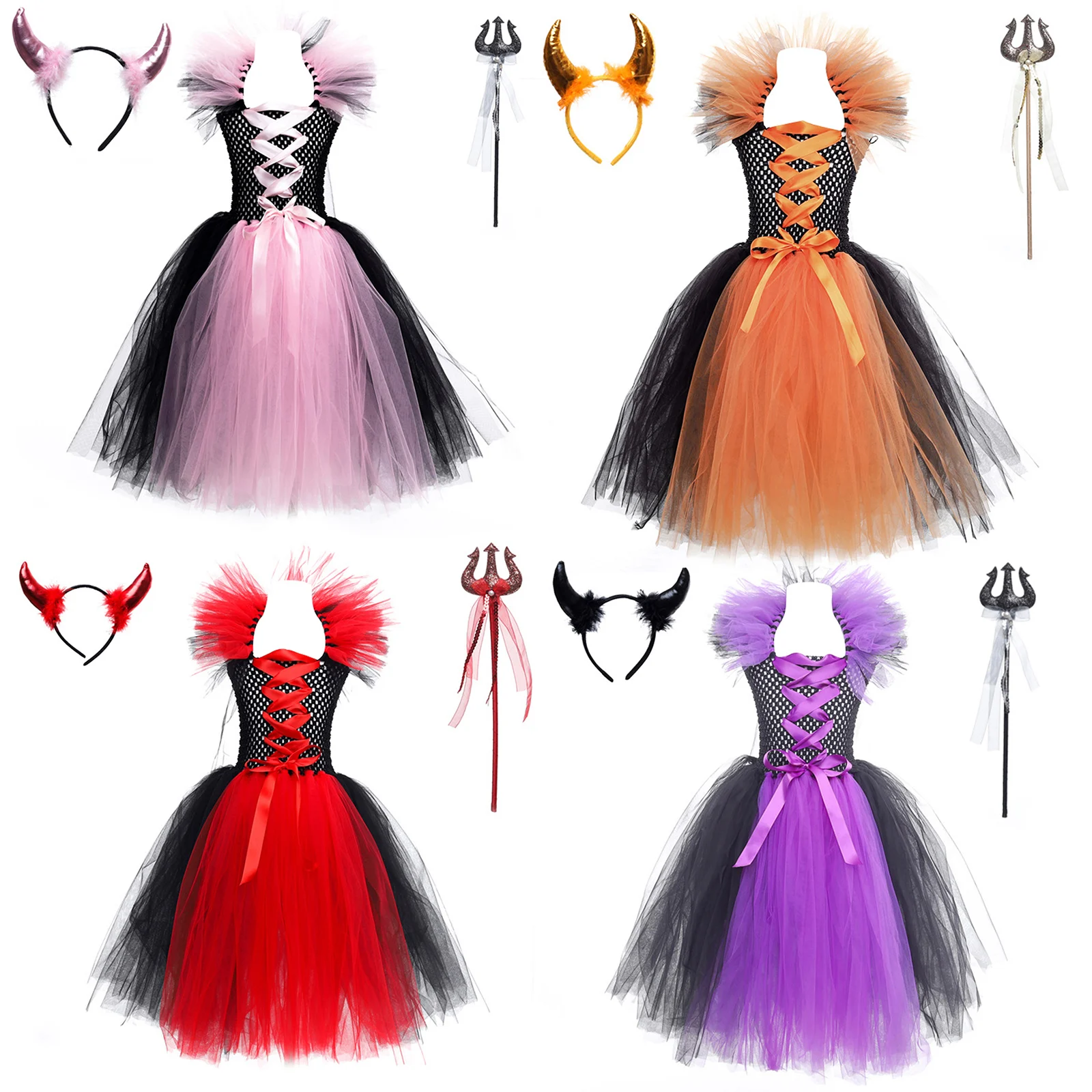 

Children Girls Halloween Witch Cosplay Costumes Cutout Bodice Tulle Tutu Dress+Horns Headwear+Wand Set Carnival Masquerade Props