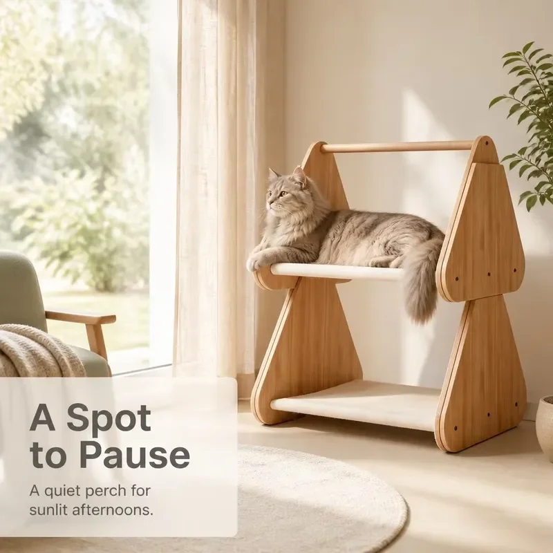 Modern 2 Story Bamboo Cat Climbing Frame Eco Friendly Indoor Cat Tree with Hammock Bed Habitat Furniture for Small Cats Eco