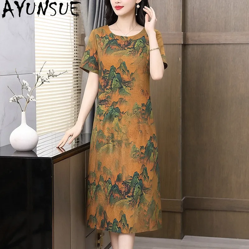AYUNSUE 100% Real Mulberry Silk Vintage Dress Women Elegant Womens Dresses Summer Clothes Loose Waist Gambiered Guangdong Gauze