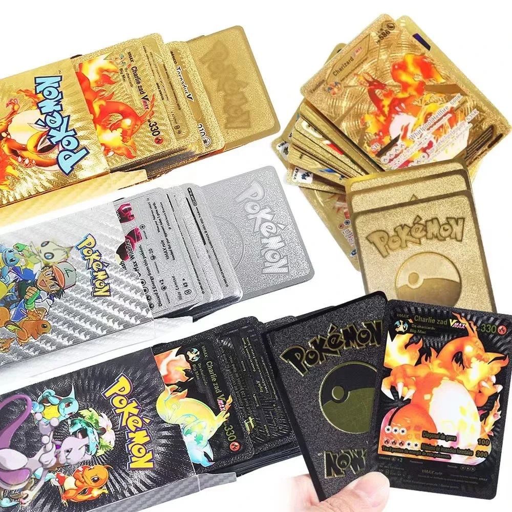 55pcs Pokemon Goldfolie bunte Karte Charizard Pikachu Arceus Silber Regenbogen Spanisch Englisch Französisch Deutsch Vstar Vmax Karte Geschenk