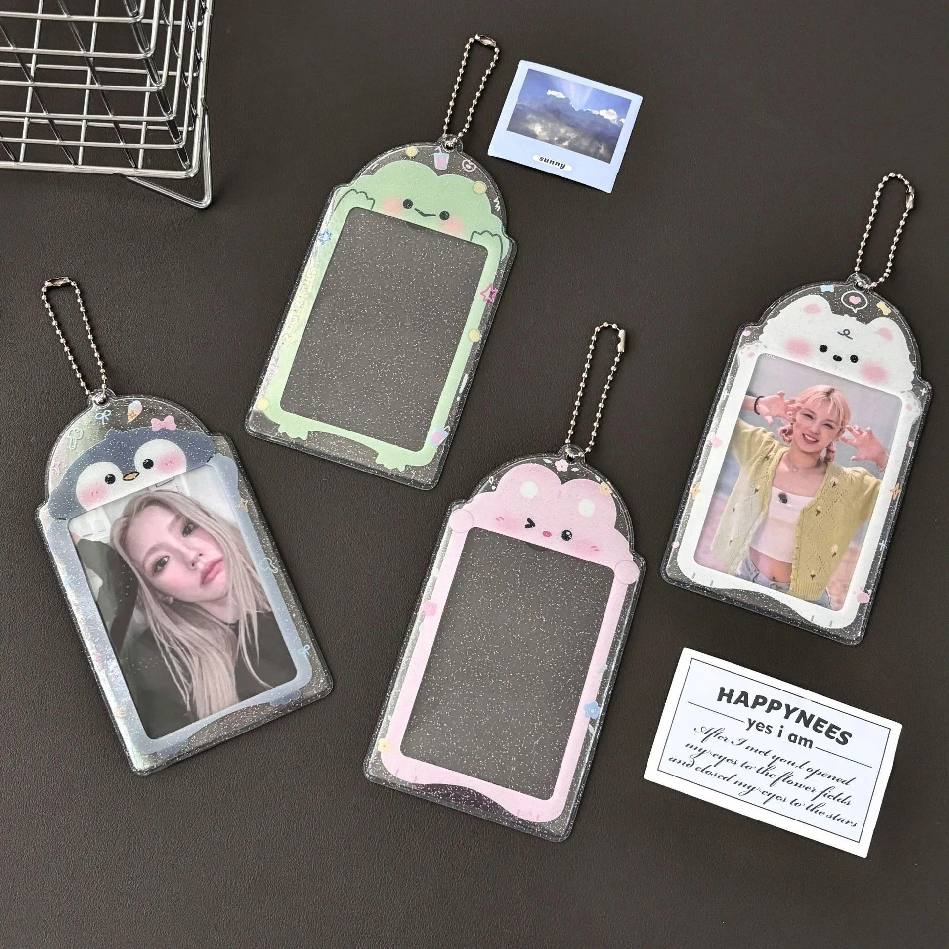 PVC Glitter Cute Frog Penguin Card Holder 3 Inch Transparent Photocard Case Student Idol Photo Sleeve Kawaii Keychain Pendant