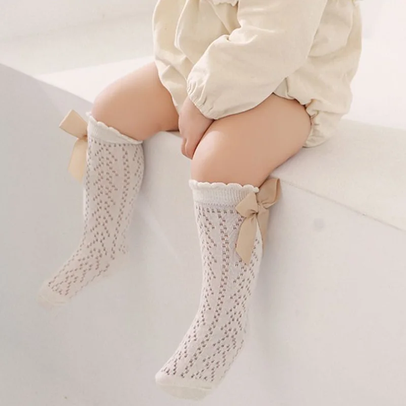 Summer Baby Mesh Socks Solid Color Princess Girl Bow Stockings Breathable Mosquito Proof Kids Over Knee Sock 0-1Year Footwear view 4