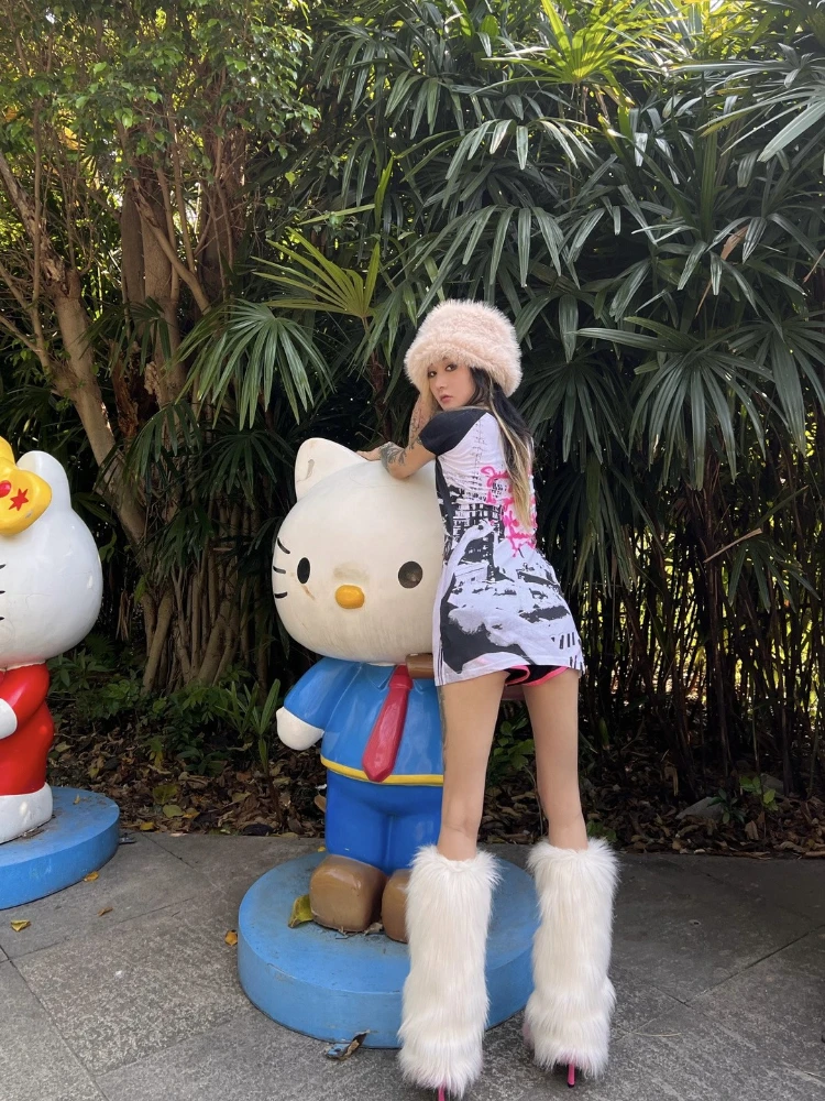 Gothic Sexy American Vintage Subkultur Kurzarm Kleid 2000er Jahre Print Bodycon Minikleid Sommer Y2k Einteiliges Kleid Koreanischer Chic