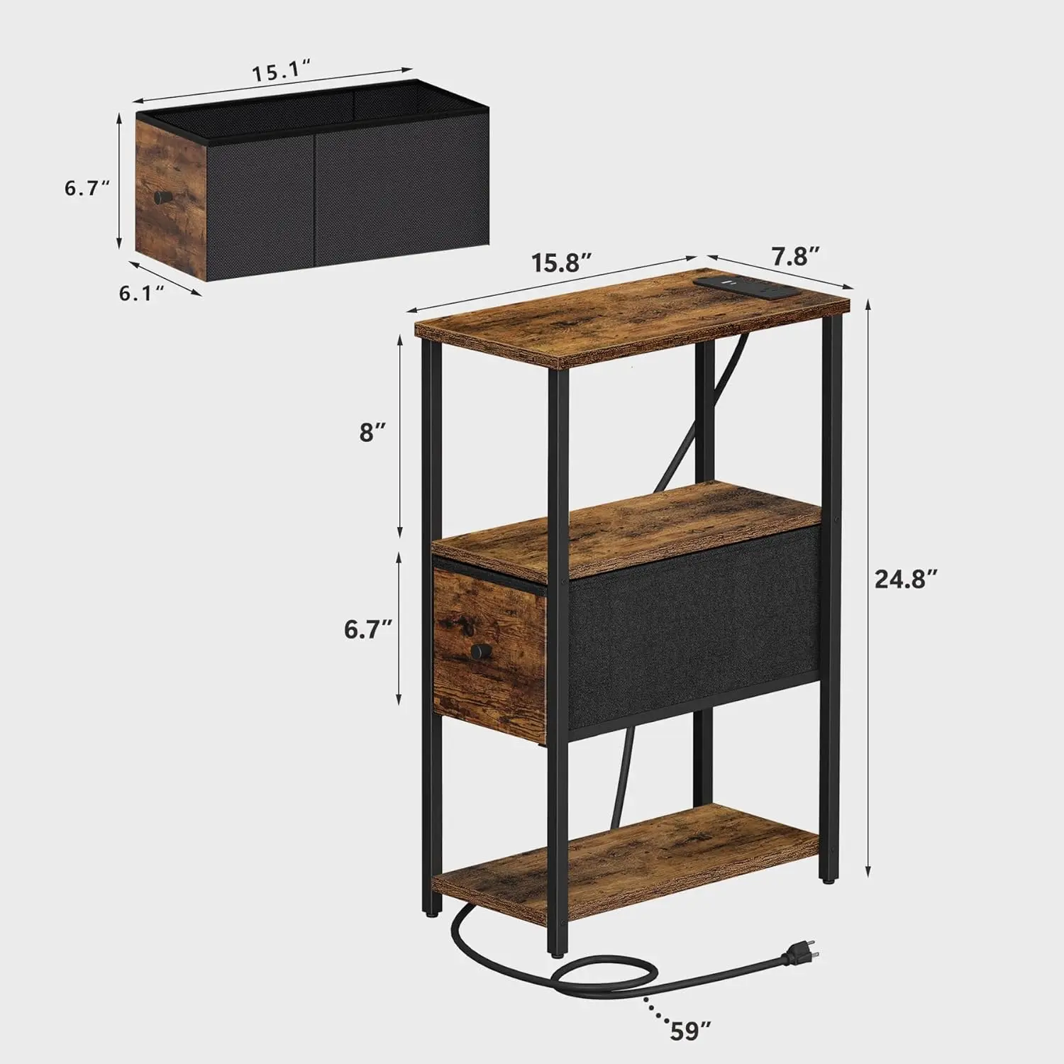 Small Narrow End Table with Charging Station, Side Table with Outlets, Nightstand with Cloth Drawer, Couch Table,for Living Room