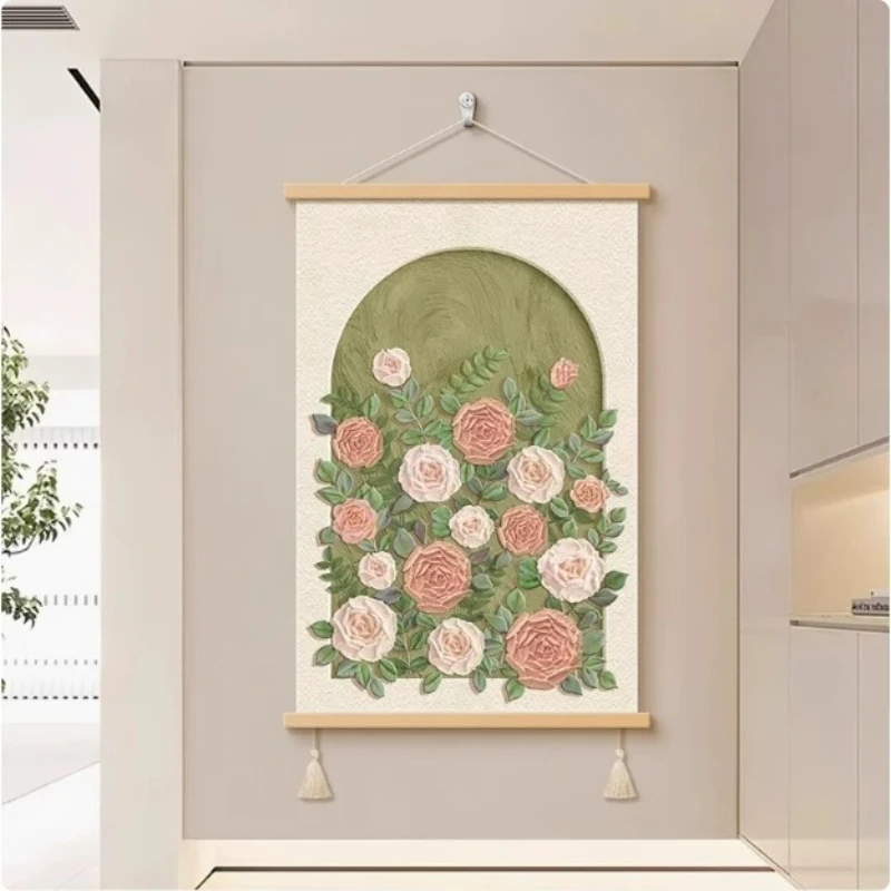 Wall Art Blush Roses and Beige Textured Field French Style Pearlescent Canvas Hanging Scroll with Wooden Rods for Living Room
