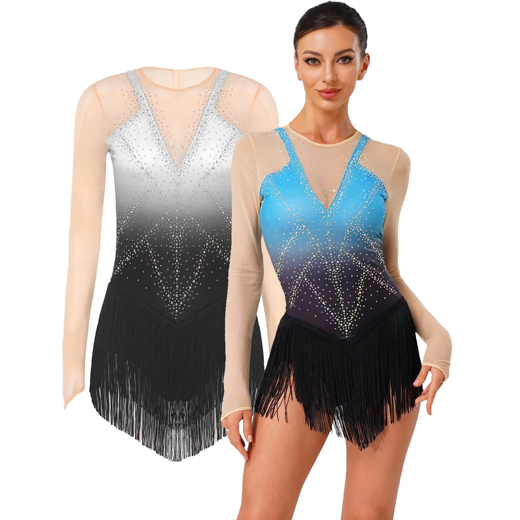 Robe justaucorps de gymnastique pour femmes, Costume de patinage artistique, danse latine lyrique, strass, frange en maille, body une pièce, Dacnewear