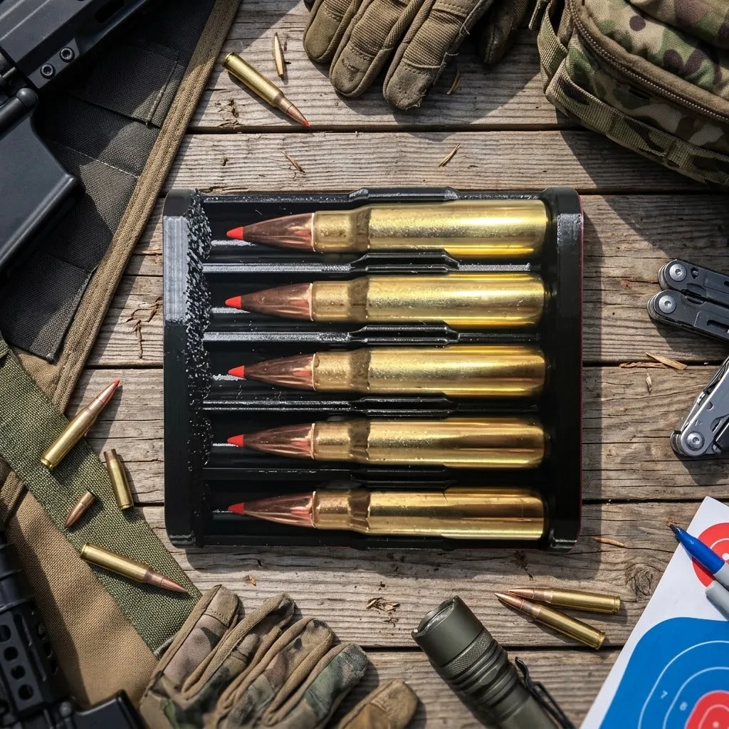 Pocket Portable Ammunition Rack. 308 Win Caliber Compact 4-Count Magazine Style Quick Reload Box Tactical Ammunition Rack