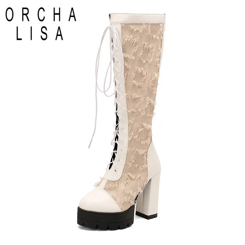 

ORCHA LISA Модные женские сапоги до колена с круглым носком на блочном каблуке 12 см, платформа 4 см, молния, шнуровка, смешанные цвета, большой размер 46 47 48